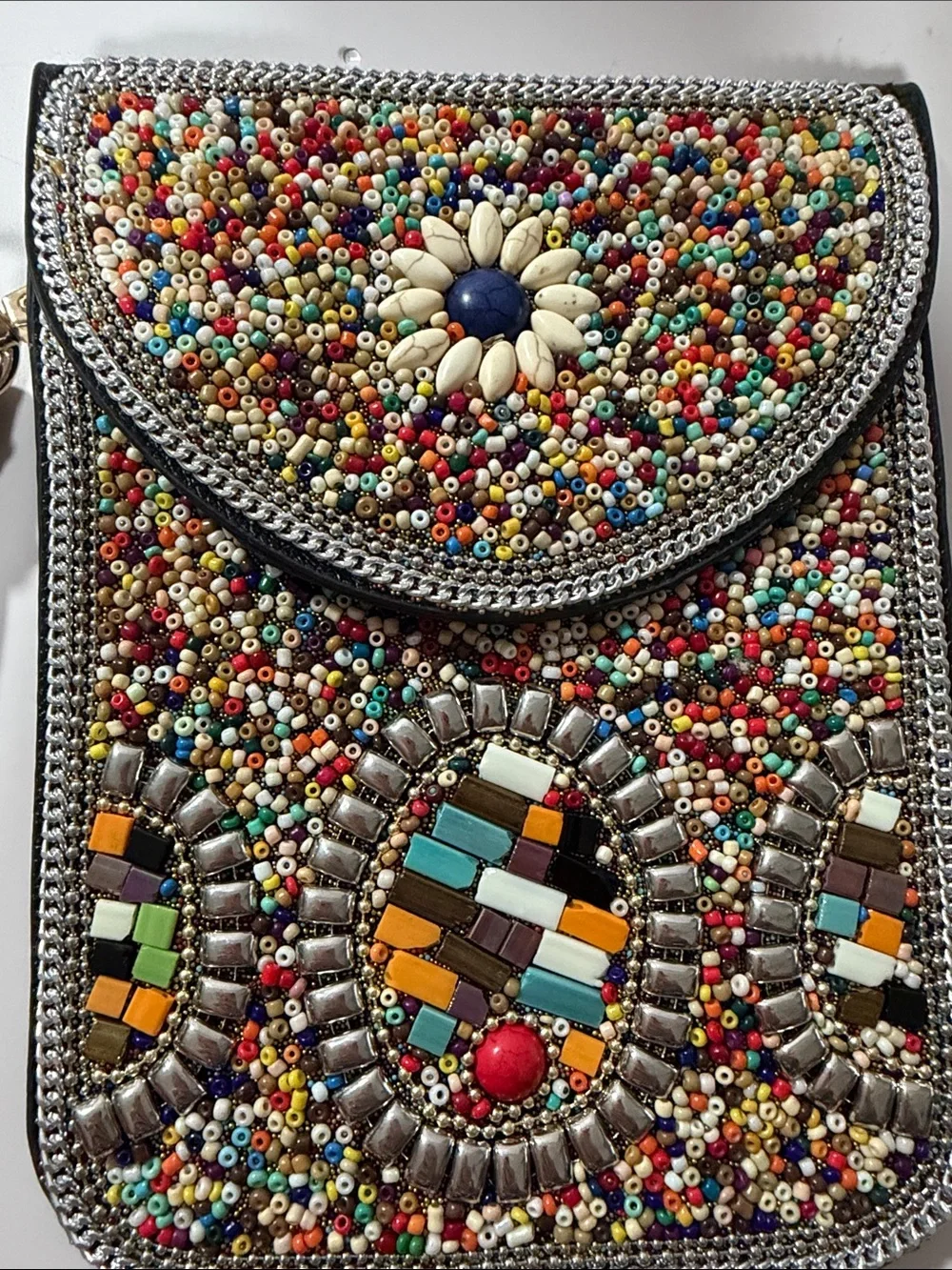 Multicolor Beaded Wristlet Clutch with Metallic Strap